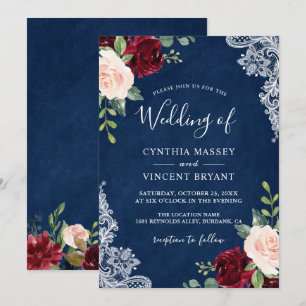 Convites Casamento Azul com Marinho Floral Blush Blush Blus