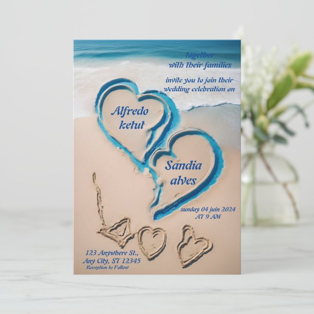 Convites casamento azul com o oceano de praia (Em pé/Frente)