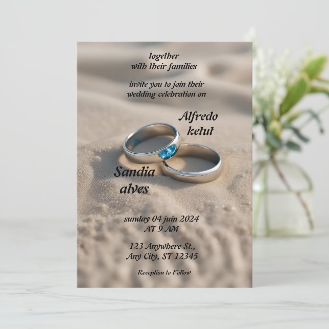 Convites casamento azul com o oceano de praia (Em pé/Frente)
