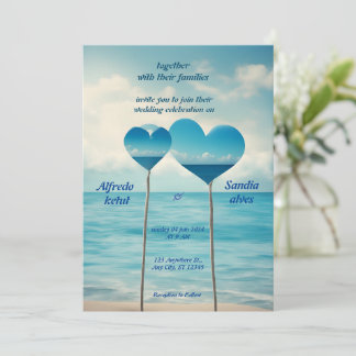 Convites casamento azul com o oceano de praia