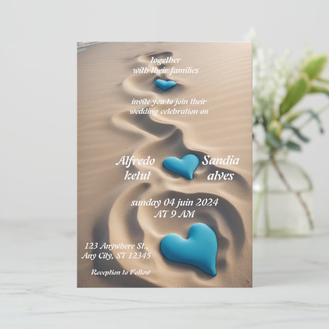 Convites casamento azul com o oceano de praia (Em pé/Frente)