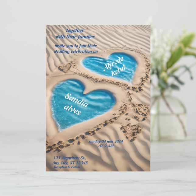 Convites casamento azul com o oceano de praia (Em pé/Frente)
