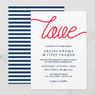 Convites Casamento Azul com Preppy Red Love