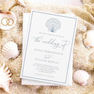 Convites Casamento Azul com Seashell Elegante Branco Dusty