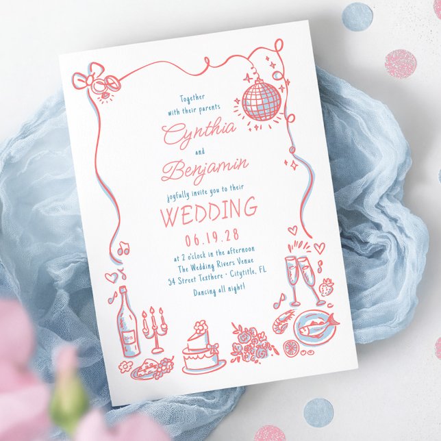 Convites Casamento Azul Cor-de-rosa com Mão Branca (Dusty Blue and Pink Whimsical Quirky Retro Wedding Invitation)