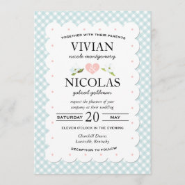 Convites Casamento Azul Cor-de-Rosa Gingham Floral