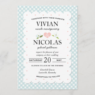 Convites Casamento Azul Cor-de-Rosa Gingham Floral