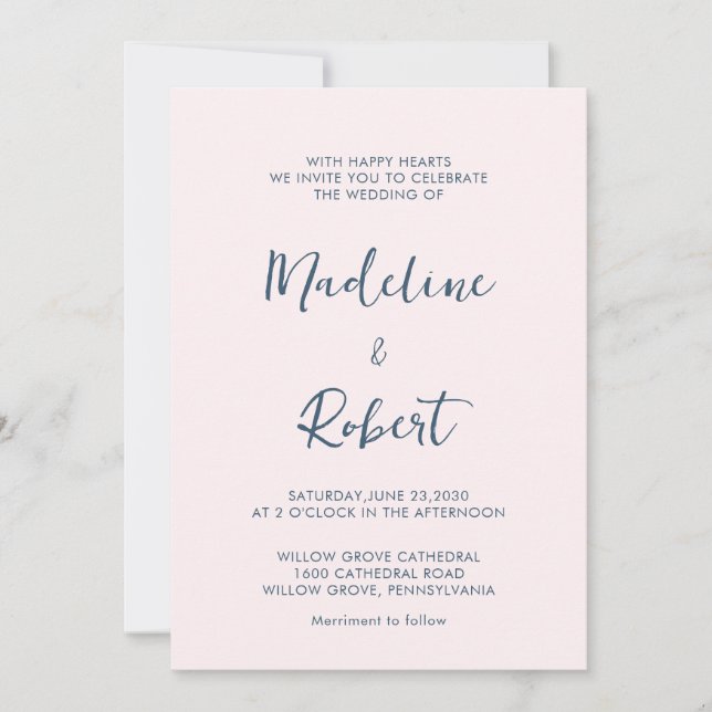 Convites Casamento Azul Cor-de-Rosa Rosa, Script Minimalist (Frente)