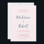 Convites Casamento Azul Cor-de-Rosa Rosa, Script Minimalist<br><div class="desc">Esses convites para casamento elegantes e minimalistas apresentam tipografia rosa e azul,  moderna escrita e texto simples e limpo de caligrafia manuscrita para um design cor-de-rosa na moda pincelado que você vai adorar.</div>