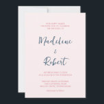 Convites Casamento Azul Cor-de-Rosa Rosa, Script Minimalist<br><div class="desc">Esses convites para casamento elegantes e minimalistas apresentam tipografia rosa e azul,  moderna escrita e texto simples e limpo de caligrafia manuscrita para um design cor-de-rosa na moda pincelado que você vai adorar.</div>