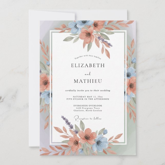 Convites Casamento Azul Coral Arejado de Primavera (Frente)
