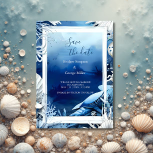 Convites casamento azul costeiro com a data Concurso