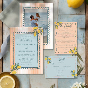 Convites Casamento Azul Costeiro com Listras de Pêssego e L