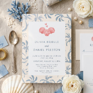 Convites Casamento Azul Costeiro com Toalete Rosa e Conchas