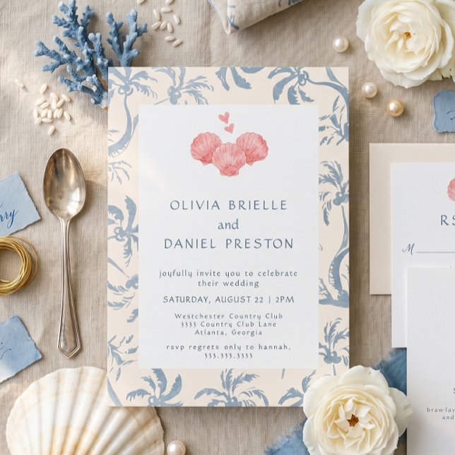 Convites Casamento Azul Costeiro com Toalete Rosa e Conchas (Criador carregado)