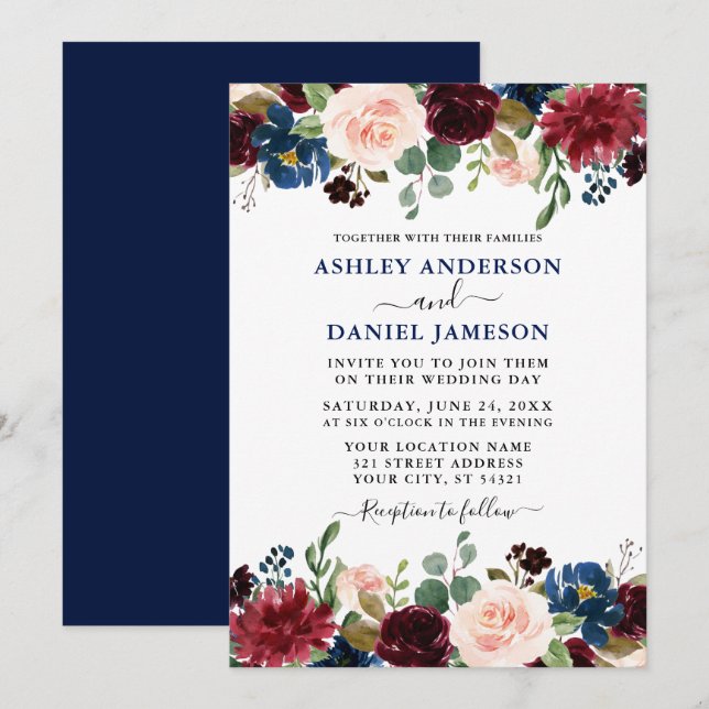 Convites Casamento Azul Da Borgonha Floral Misturada (Frente/Verso)