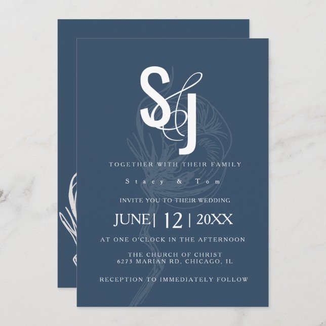 Convites Casamento Azul Da Fábrica De Algodão Botânico (Frente/Verso)