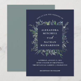 Convites Casamento azul da meia-noite frondoso da aguarela