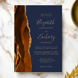 Convites Casamento Azul de Agata Laranja Dourada Queimada