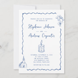 Convites Casamento Azul De Cobalto Ilustrado Por Whimsical