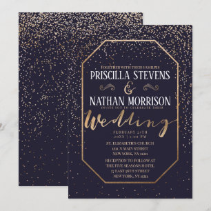 Convites Casamento Azul de Confetti, Dourado de Tendy Trend
