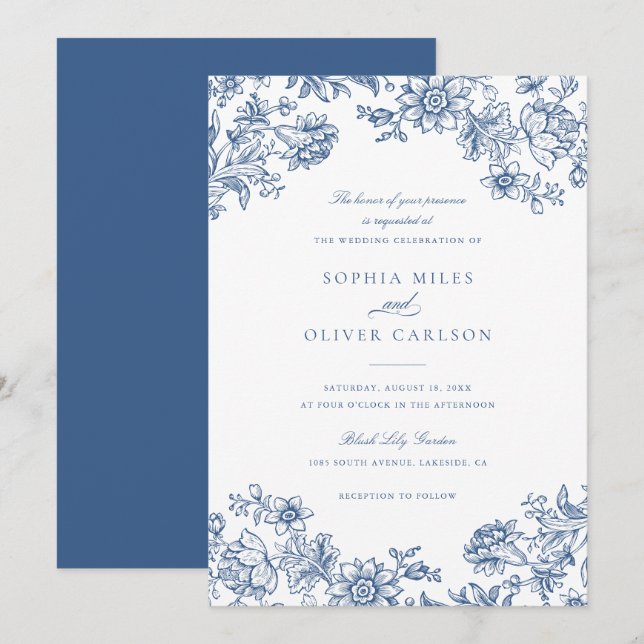 Convites Casamento Azul de Elegante Floral (Frente/Verso)
