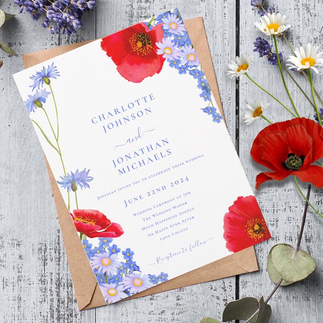 Convites Casamento Azul de Flor Selvagem Moderno (Modern wildflower watercolor with poppy cornflower and daisy wedding invitation)