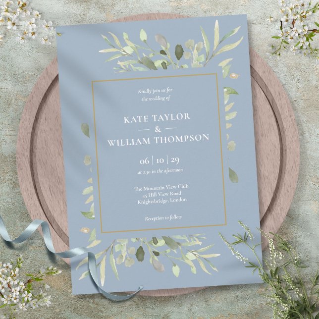 Convites Casamento Azul De Folhagem De Folhagem De Verdura  (Botanical Greenery Foliage Dusty Blue Wedding Invitation)
