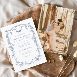 Convites Casamento Azul de Foto em Francês Vitoriano Vintag