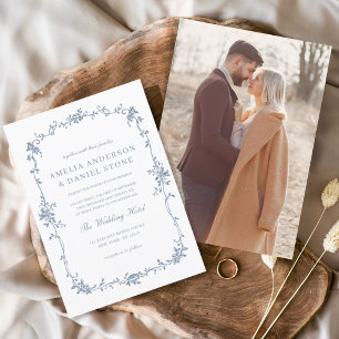 Convites Casamento Azul de Foto em Francês Vitoriano Vintag