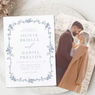 Convites Casamento Azul de Foto em Francês Vitoriano Vintag
