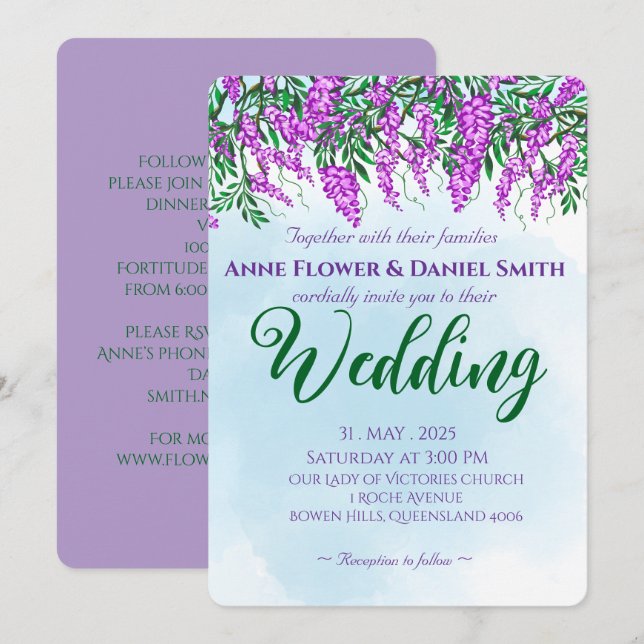 Convites Casamento Azul de Jacaranda Sky (Frente/Verso)