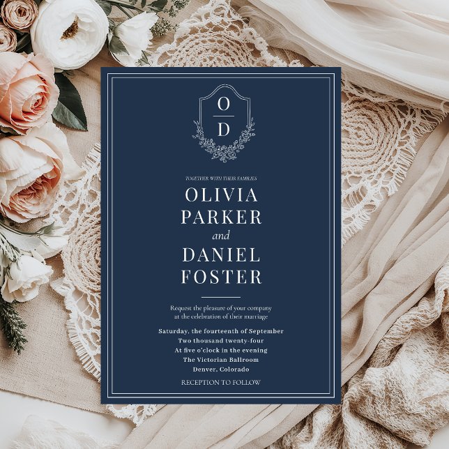 Convites Casamento Azul de Marinho Clássico Elegante (Criador carregado)