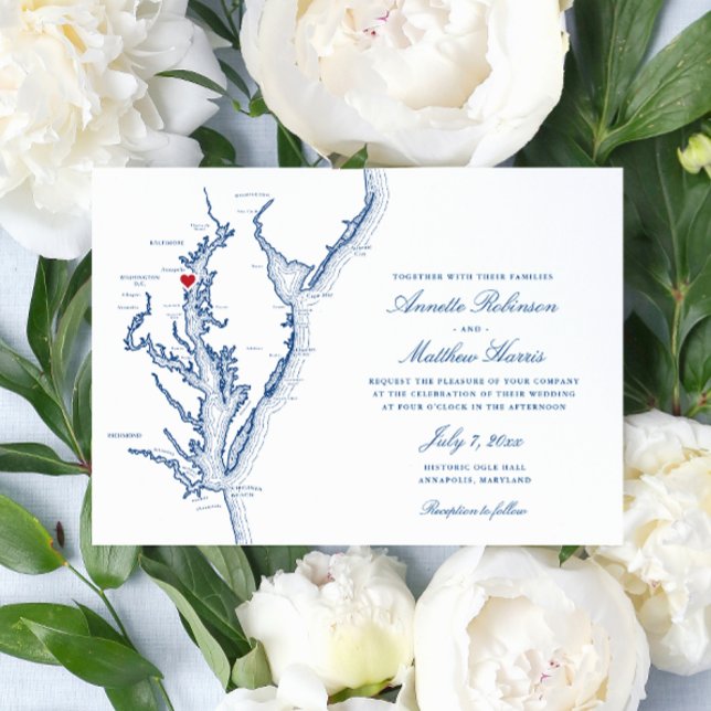Convites Casamento Azul de Marinho de Baía de Chesapeake de (Annapolis Wedding Invitation with Elegant Navy Blue Chesapeake Bay map from Coastal Map Designs)