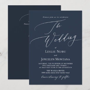 Convites Casamento Azul de Marinho de Caligrafia Luxe-Dezin