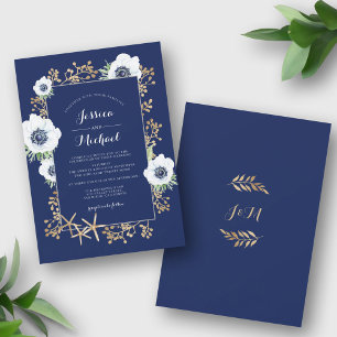 Convites Casamento Azul de Marinho de Flor Anêmona Monogram