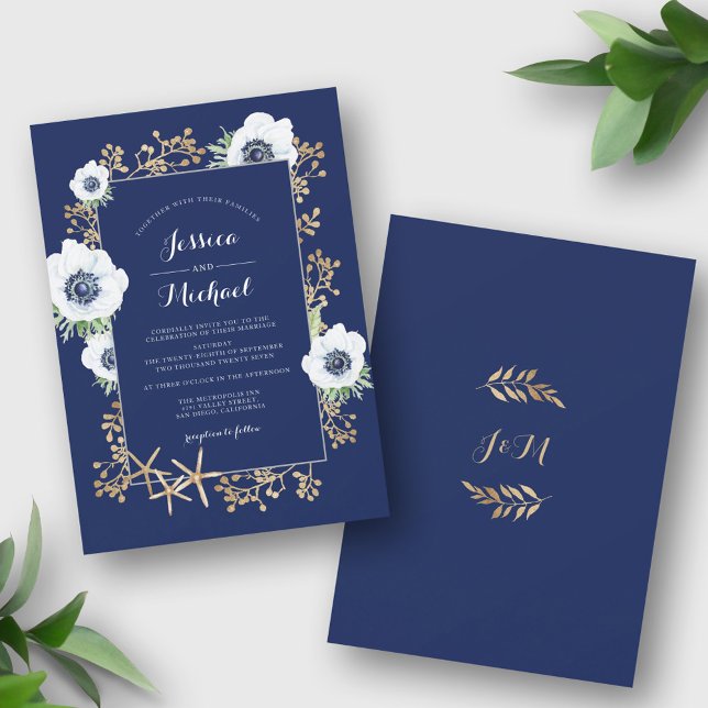 Convites Casamento Azul de Marinho de Flor Anêmona Monogram (Criador carregado)