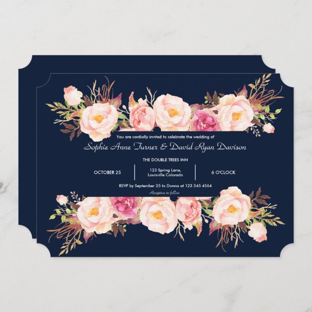 Convites Casamento Azul de Marinho de Quadro Floral Rosa En (Frente/Verso)