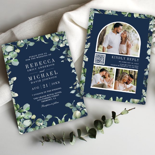 Convites Casamento Azul de Marinho do Código QR de Foto Euc (Criador carregado)