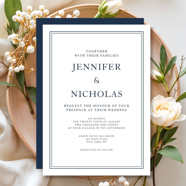 Convites Casamento Azul de Marinho Elegante (Elegant Formal Navy Blue Wedding Invitation)
