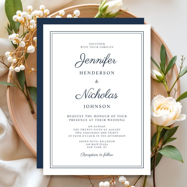 Convites Casamento Azul de Marinho Elegante (Elegant Formal Navy Blue Wedding Invitation)