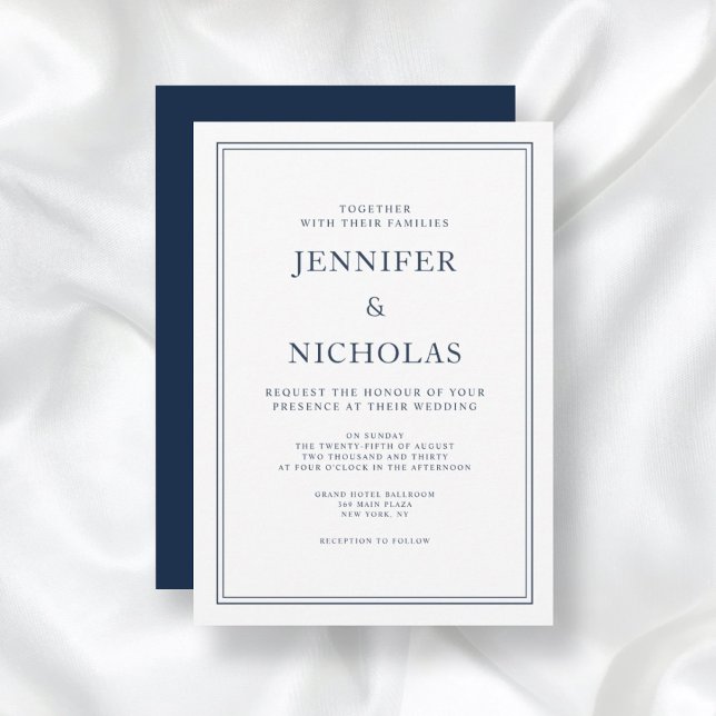 Convites Casamento Azul de Marinho Elegante (Front/Back Elegant Formal Navy Blue Wedding Invitation)