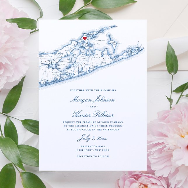 Convites Casamento Azul de Marinho Elegante do Mapa NY do G (Greenport NY Long Island Map Wedding Invitation in Elegant Navy Blue by Coastal Map Designs)
