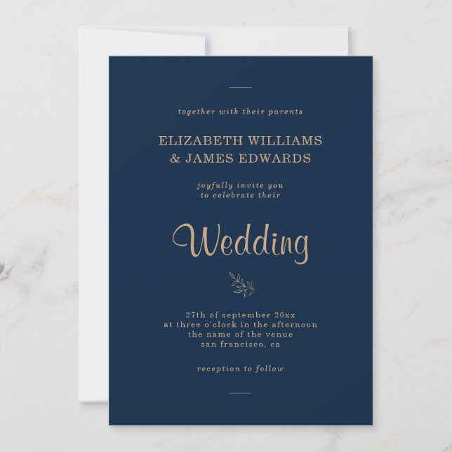 Convites Casamento Azul de Marinho Elegante Simples (Frente)