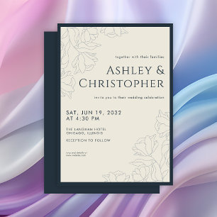 Convites Casamento Azul de Marinho Floral Desenhado Moderno