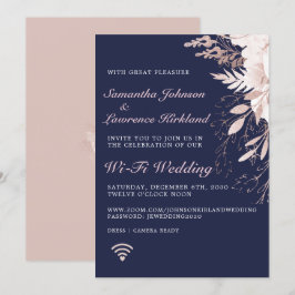 Convites Casamento Azul de Marinho Floral Rosa com Empoeira