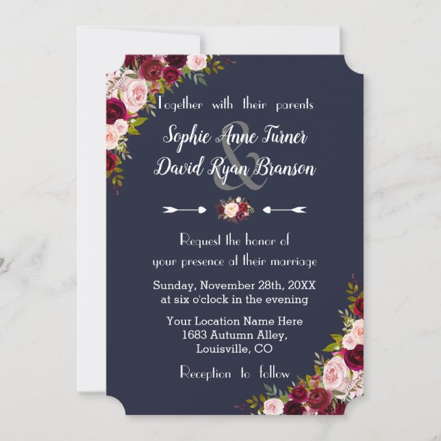 Convites Casamento Azul de Marinho Floral Rustic Marsala (Frente)