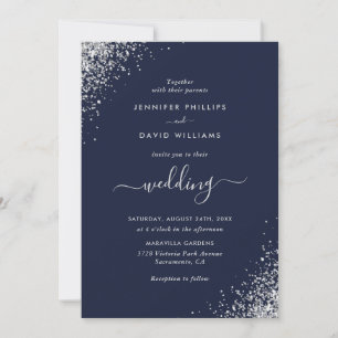 Convites Casamento Azul de Marinho Silver de Script Moderno