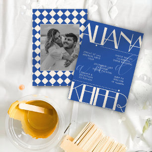Convites Casamento Azul de Padrão Verificado Retrominimalis