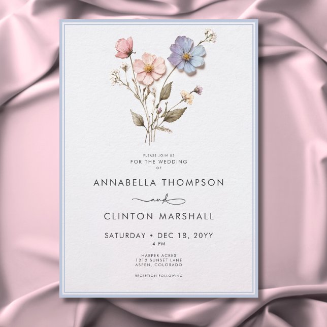 Convites Casamento Azul de Pastel Pressionado Moderno (Modern Pressed Pastel Wildflowers Blue Wedding Invitation)